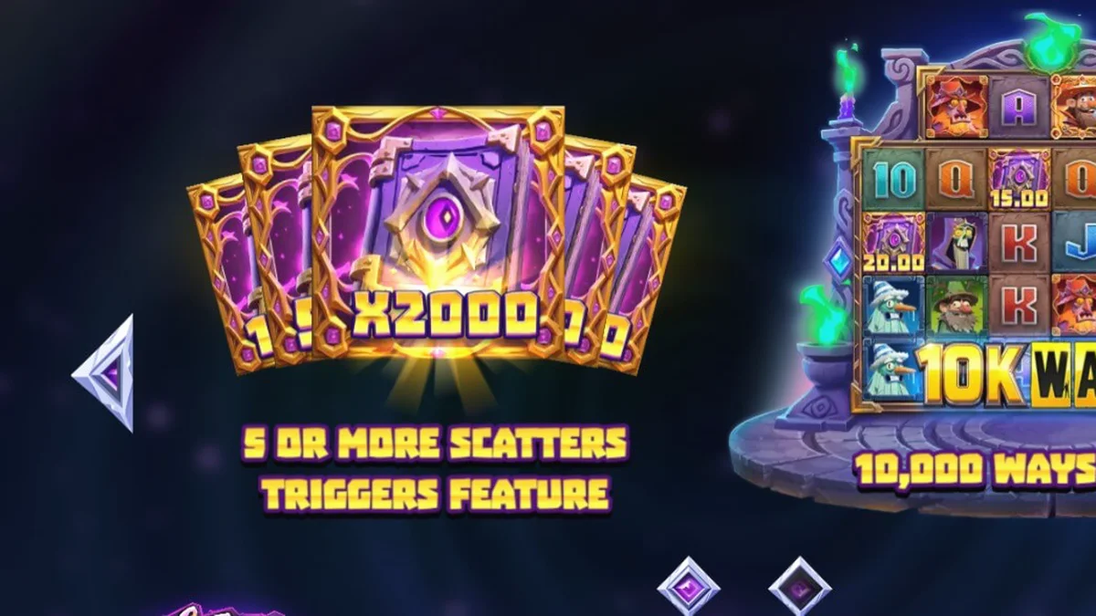 Interface do jogo Wizbang Brawl 10K Ways com magos e elementos mágicos