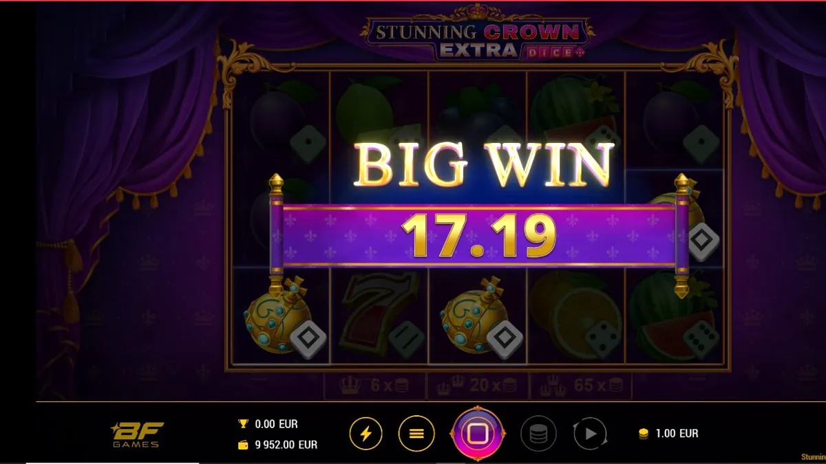 Interface do jogo Stunning Crown Extra Dice com símbolos de coroas e joias brilhantes
